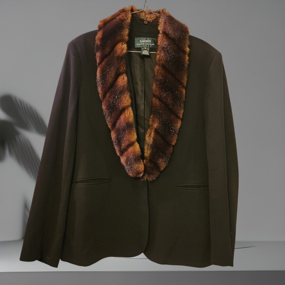 Lauren Ralph Lauren Blazer | Black 100% Wool/Faux Fur Collar | Women's Size 14 - Picture 1 of 8